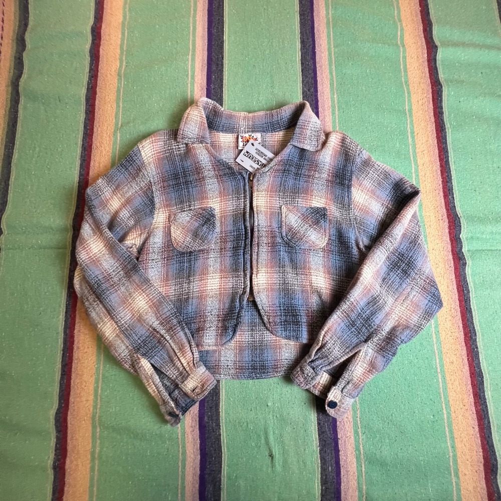Plaid Zip Sweater Womens Large Blue Plaid 90s Vintage Cropped Woven Jacket
